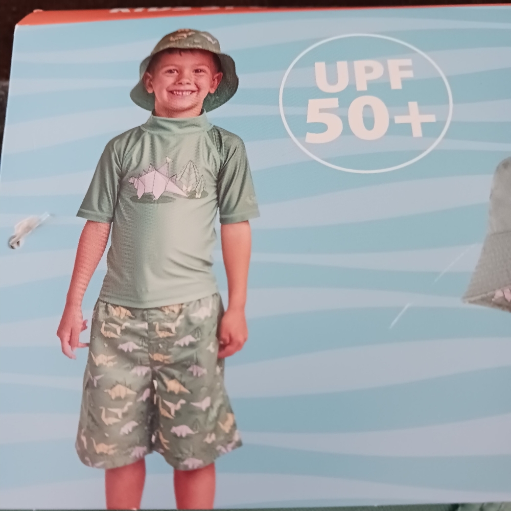 UV Skinz 3 pc w/ bucket hat, swim shirt & board shorts boys dinosaurs NWT 3T